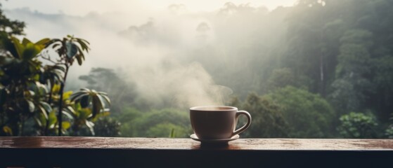 A cup of coffee placed on a wooden table with a view of the jungle. Generative AI - obrazy, fototapety, plakaty