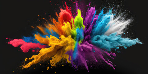 Generative AI image of multicolored explosion of rainbow holi powdered paint over black background. Colorful illustration.