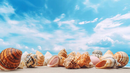 Obraz na płótnie Canvas Landscape with shells on tropical beach. Generative Ai