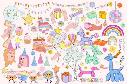 Retro birthday clipart collection. Retro nostalgic stickers. Editable vector illustration.