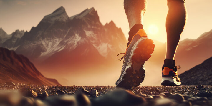 Close-up at the runner athlete feet, running to success and goal, with the beautiful view of mountain, sunset environment as background. Sport, running, jogging concept. Generative AI image.