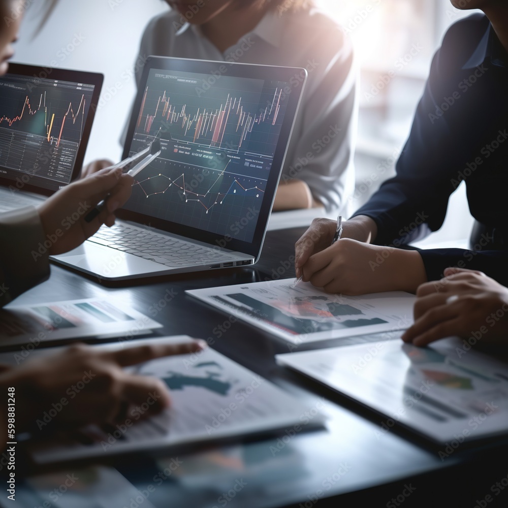 Poster colleagues in the analytic team discuss financial data on a digital dashboard, analyzing charts and 