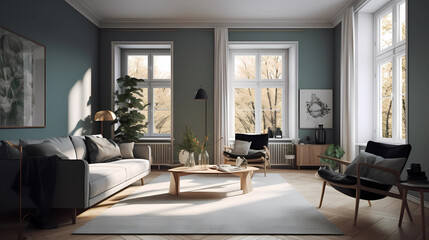 Naklejka na ściany i meble Stylish scandinavian living room with design furniture, plants, beatifull lighting. wooden desk. Abstract painting on the white wall. Modern decor of bright room, Generative AI