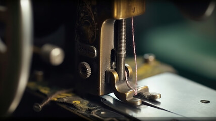 Fototapeta na wymiar Classic retro style manual sewing machine ready for sewing work. Generative Ai