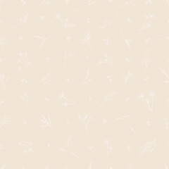 Simple seamless pattern with meadow herbs. Plants background for wallpaper. Pastel tone. Vector botanical illustration. Meadow herbs, pampas grass, dried grass. Sketch style.