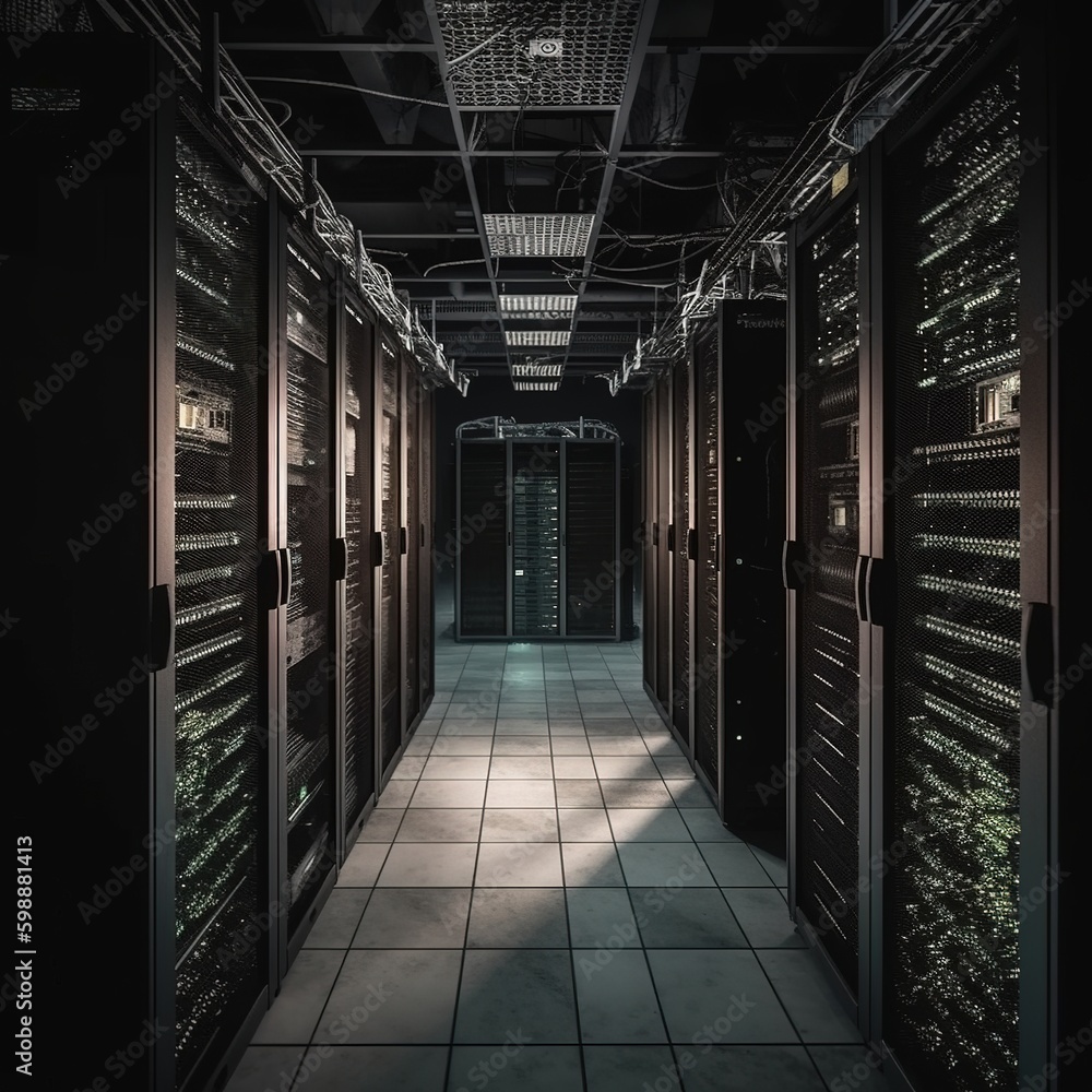 Poster network connection in dark servers data center room storage system. generative ai
