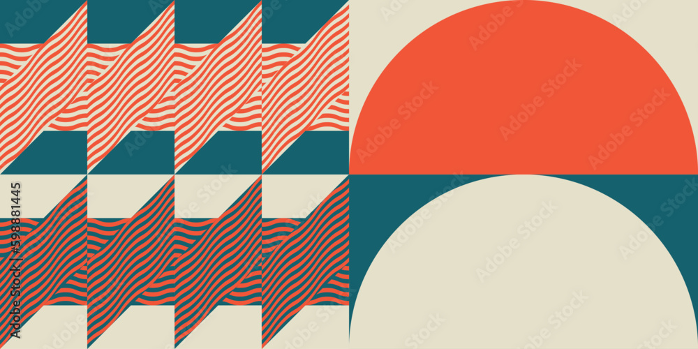 Fototapete Modern abstract geometric  vector seamless pattern with simple elements and shapes like circle, square and triangle. Graphic pastel colored minimalist background.