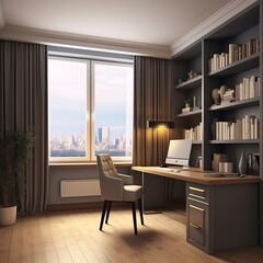 Interior design of a modern home office with furniture, wooden floors, a window with a city view and a curtain, and a bookcase. generative AI