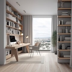 Contemporary home office interior with furniture, wooden flooring, window with city view and curtain, bookshelf. generative AI
