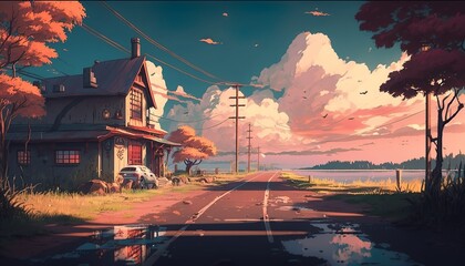 Obraz premium Cinematic anime style landscape of an abandoned railway station .Generative AI
