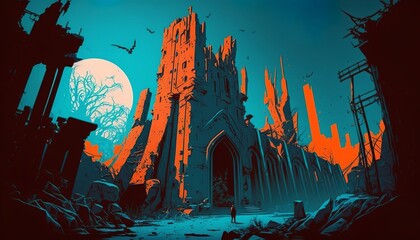 Anime style blue and orange color ancient city ruins in a post apocalyptic fantasy world. Generative AI