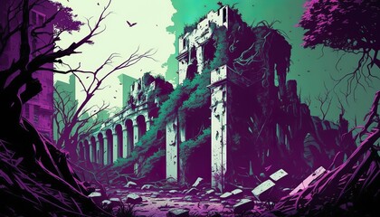 Anime style green and purple color ancient city ruins in a post apocalyptic fantasy world. Generative AI