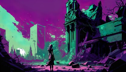 Fototapeta premium Anime style green and purple color ancient city ruins in a post apocalyptic fantasy world. Generative AI