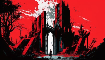 Anime style red gradient ancient city ruins in a post apocalyptic fantasy world. Generative AI