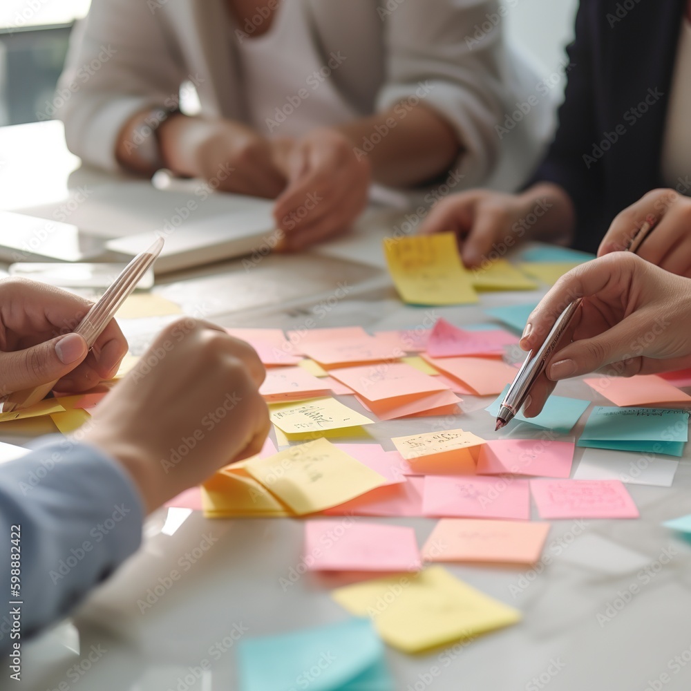 Poster group of individuals using sticky notes to collaborate on a business strategy at a table in an offic
