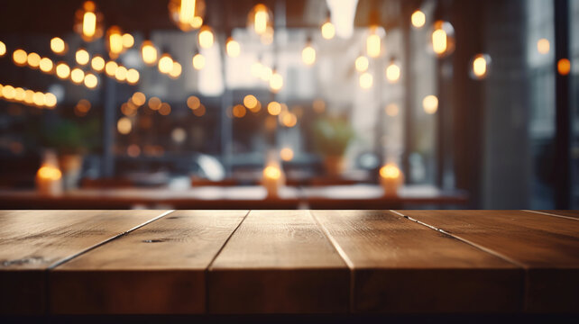 background Image of wooden table in front of abstract blurred restaurant lights. Generative Ai