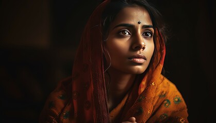 Portrait of a Indian village women with sharee, staring at a bright sunny day outside, mothers day, womens day, generative ai