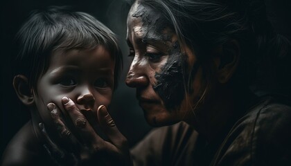portrait of a woman covered in dust, holding her child with her hands, with the innocent look, mothers day, womens day, generative ai