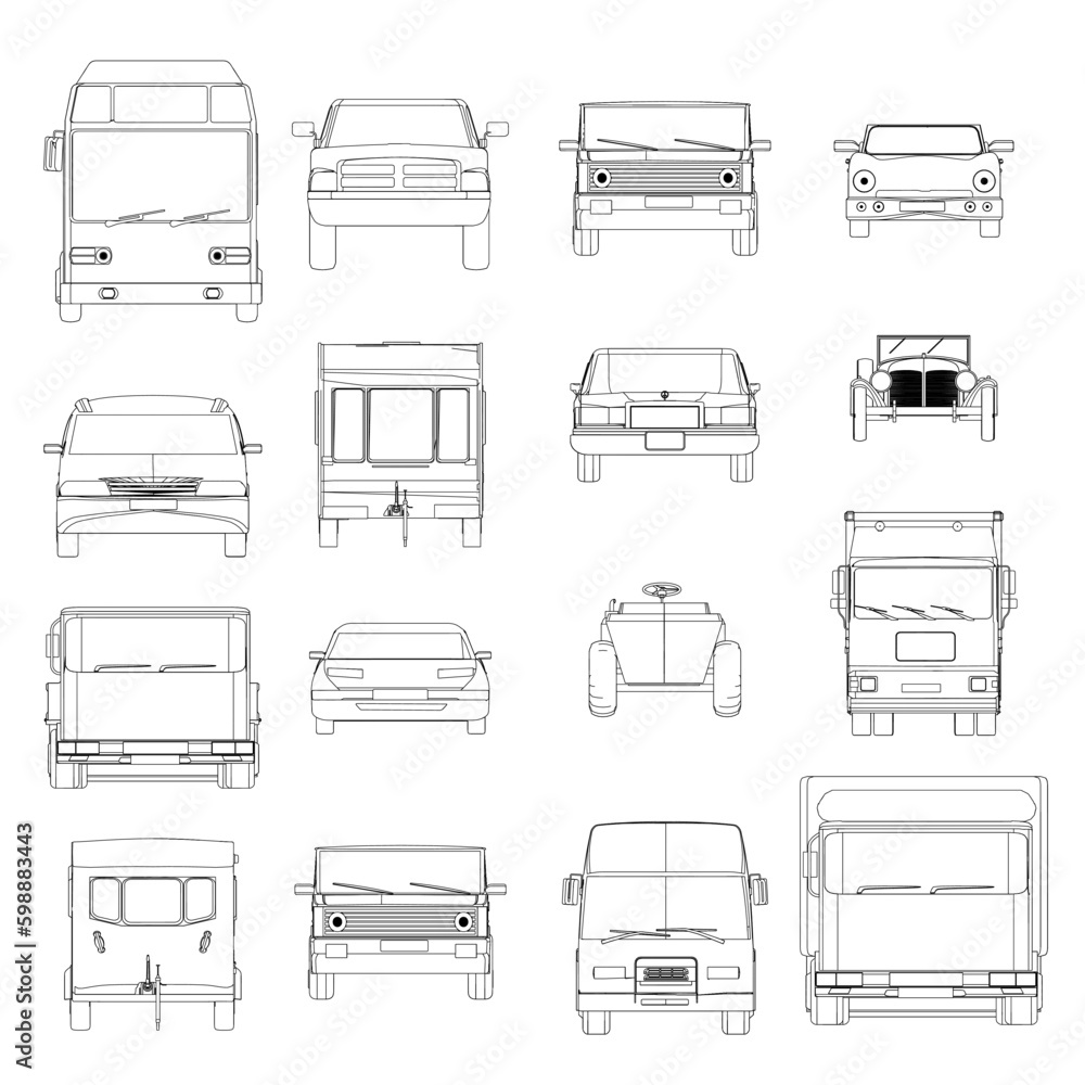 Poster set with contours of various cars from black lines isolated on white background. front view. vector 