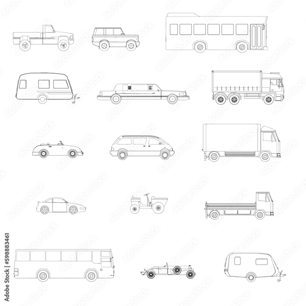 Wall mural set with contours of various cars from black lines isolated on white background. side view. vector i