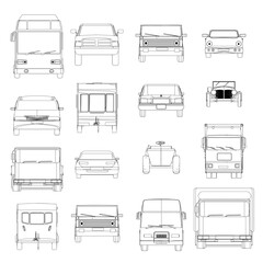 Set with contours of various cars from black lines isolated on white background. Front view. Vector illustration.
