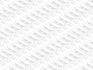 Background with the contours of many ships with containers from black lines isolated on a white background. Isometric view. Vector illustration.