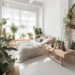 interior of a room with natural light and plants. generative AI