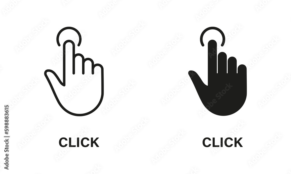 Poster click gesture, hand cursor of computer mouse line and silhouette icon set. pointer finger press or p