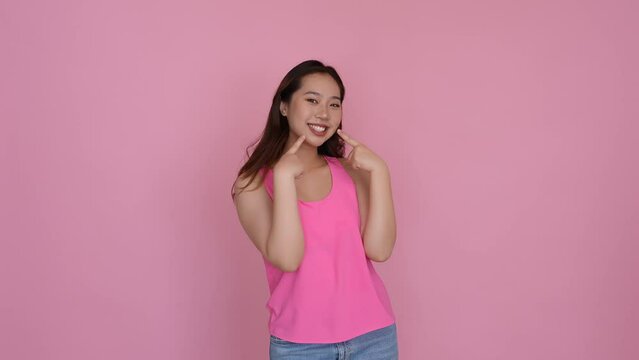 Beautiful young woman shows her cheek dimples as she smiles. Generative AI