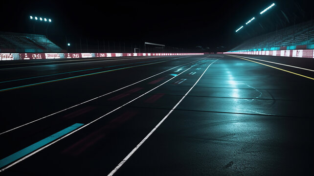 Asphalt racing track finish line and illuminated race sport stadium at night. Generative Ai