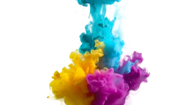 Color ink splash in water. Abstract cloud of liquid paint. Colorful dripped dye smoke swirl background. Paint injection in water. Magical generative ai