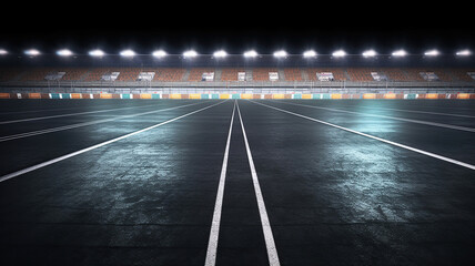 Asphalt racing track finish line and illuminated race sport stadium at night. Generative Ai