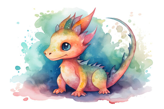 Watercolor colorful cute baby dragon isolated on white background Illustration. Chinese Year of dragon