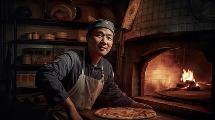 Obraz na płótnie Canvas A fictional person. Passionate Asian male pizza master at work in a pizzeria