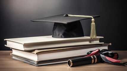 Stack of books, graduate cap, diploma and fether pen on the school desk isolated on white background. Generative Ai