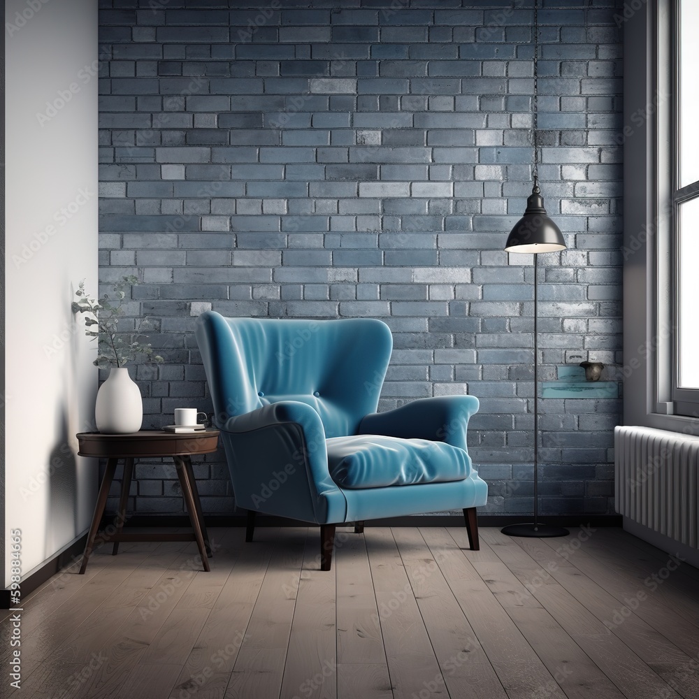 Wall mural Armchair on empty blue wall background. generative ai