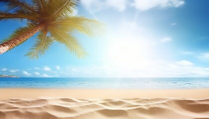 Fototapeta na wymiar Summer background, nature of tropical beach with rays of sun light. Golden sand beach, palm tree, sea water against blue sky with white clouds. Copy space, summer vacation concept