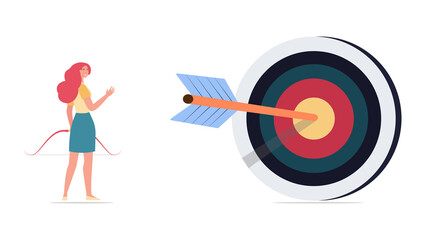Business woman concept. reach the goal or succeed. A woman aiming to hit the target, a cheerful business woman shooting from a bow to get a big score.