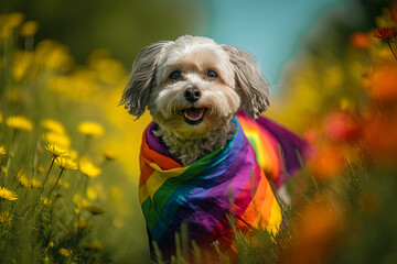 A disheveled dog with lgbt pride flag scarf running through a flowered meadow. Generative AI