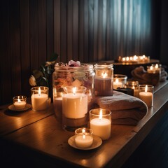 In the wellness center, spa treatments are performed on wooden tables, and the atmosphere is lit by candles. generative AI