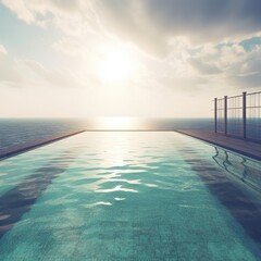 sunset over the sea with swimming pool. generative ai