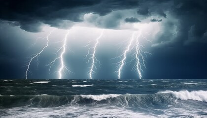 Thunder storm with lightening rages over broken water of sea or ocean natural disaster apocalyptic background. Intense electricity bolts emerging from stormy clouds strikes dramatic seascape © Gulfaam