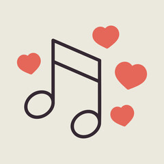 Musical note with heart sign isolated vector icon
