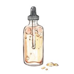 Bottle cosmetic oil with drops facecare isolated on white background. Watercolor hand drawn illustration. Art for design - 598885818