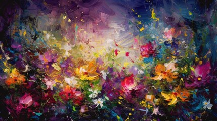 Naklejka na ściany i meble Oil painting of colorful flowers on a dark background. Generative AI