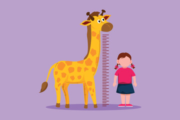 Graphic flat design drawing little girl measuring her height with giraffe height chart on wall. Kids measures growth at kindergarten. Child measuring height concept. Cartoon style vector illustration