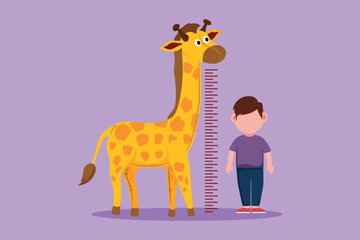 Graphic flat design drawing adorable little boy measuring his height with giraffe height chart on wall. Kids measures growth at kindergarten. Child measuring height. Cartoon style vector illustration