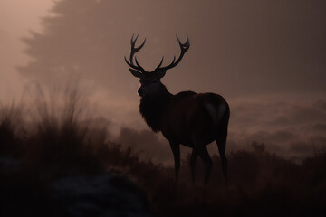 Red deer in the mist forest at sunrise. Generative AI.
