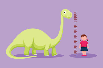 Cartoon flat style drawing of pretty little girl measuring her height with brontosaurus height chart on wall. Kids measures growth at school. Child measuring height. Graphic design vector illustration © onetime