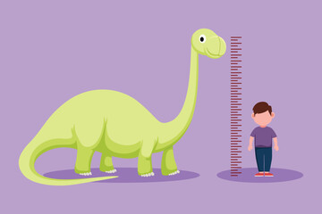 Cartoon flat style drawing adorable little boy measuring his height with brontosaurus height chart on wall. Kids measures growth at school. Child measuring height. Graphic design vector illustration © onetime
